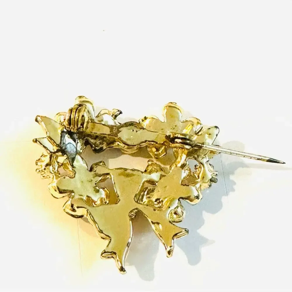 Vintage Gold Flowers Heart Brooch with blue Crystals